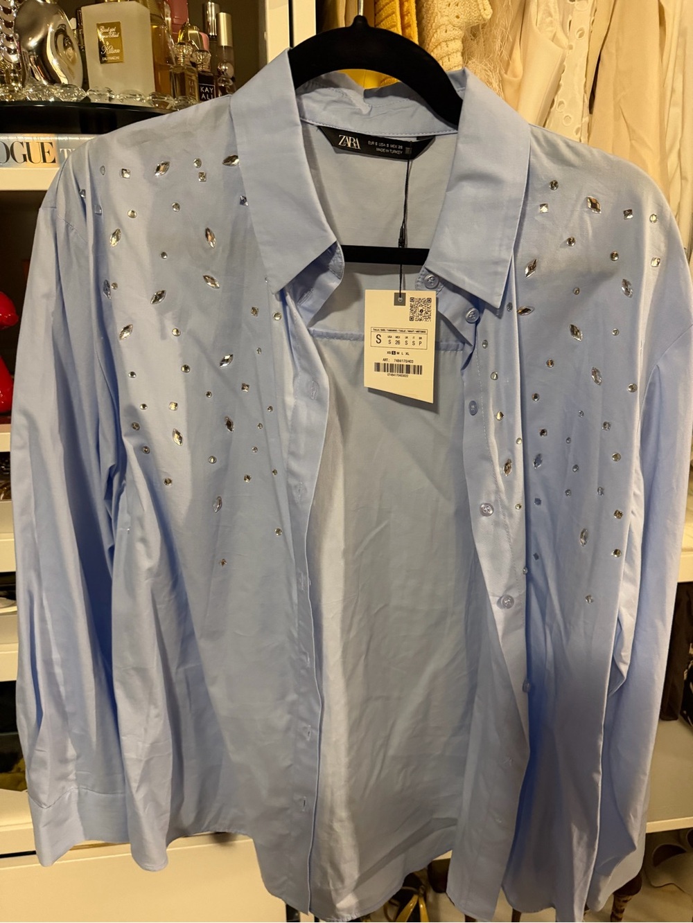 Zara Pale Blue Embellished Button-Down Shirt